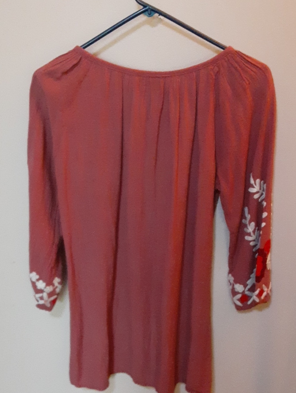 Embroidered Peasant Tunic Top - Dusty Rose with White & Red Floral Embroidery - Picture 3 of 13